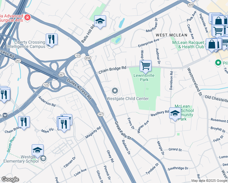 map of restaurants, bars, coffee shops, grocery stores, and more near 1609 Great Falls Street in McLean