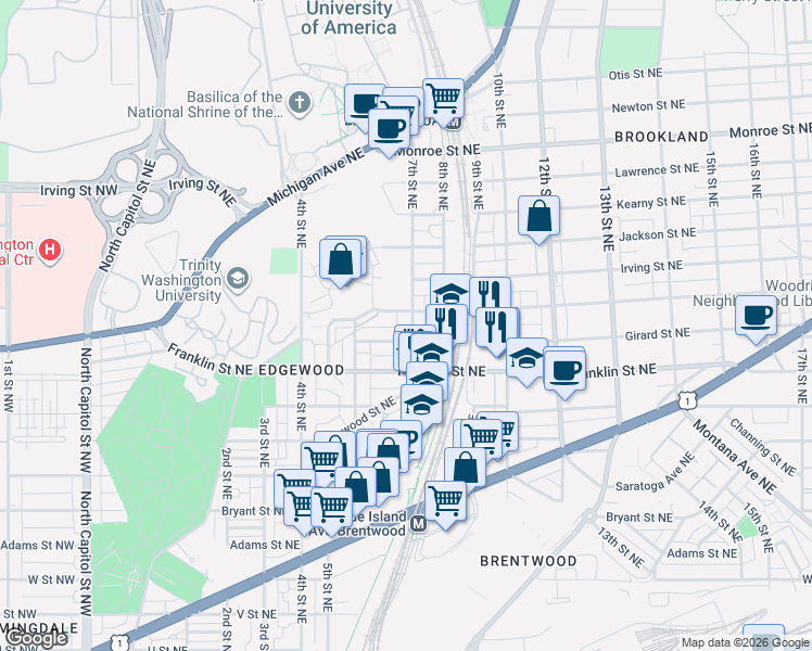 map of restaurants, bars, coffee shops, grocery stores, and more near 2912 7th Street Northeast in Washington