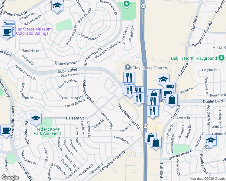 map of restaurants, bars, coffee shops, grocery stores, and more near 5609 Source Way in Colorado Springs