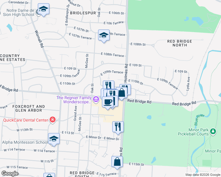map of restaurants, bars, coffee shops, grocery stores, and more near 600 East Red Bridge Road in Kansas City