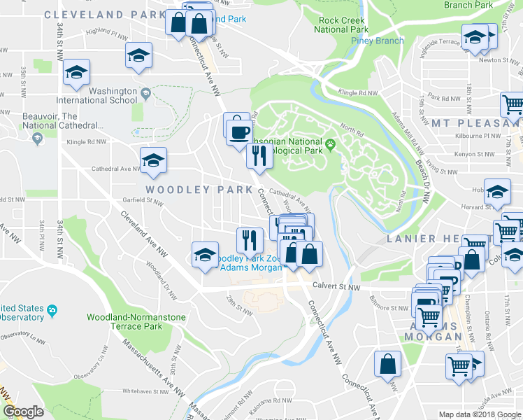 map of restaurants, bars, coffee shops, grocery stores, and more near 2816 Connecticut Avenue Northwest in Washington