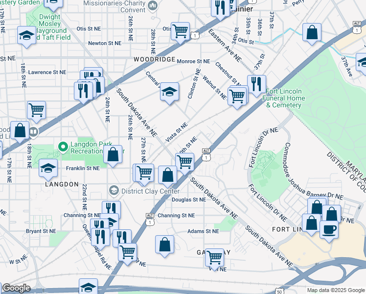 map of restaurants, bars, coffee shops, grocery stores, and more near 2932 Yost Place Northeast in Washington