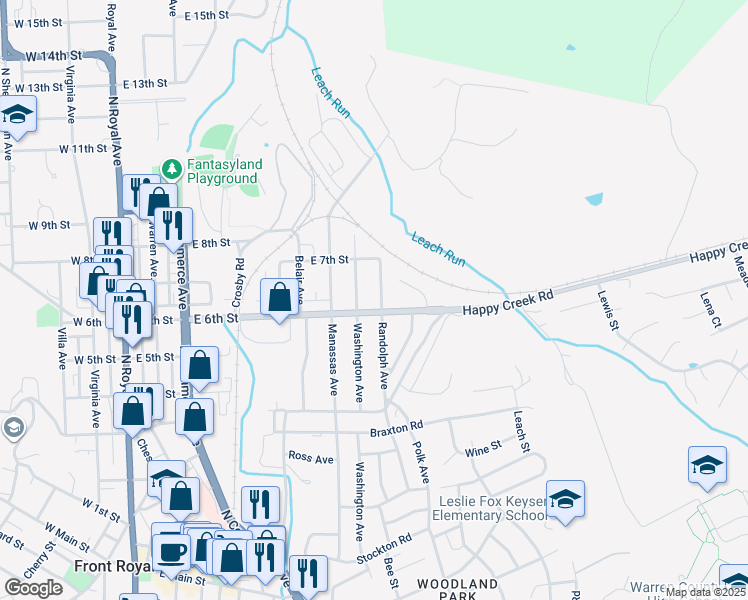 map of restaurants, bars, coffee shops, grocery stores, and more near 606 Randolph Avenue in Front Royal