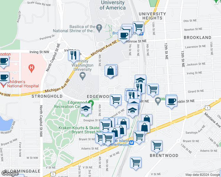 map of restaurants, bars, coffee shops, grocery stores, and more near 2861 Chancellor's Way Northeast in Washington