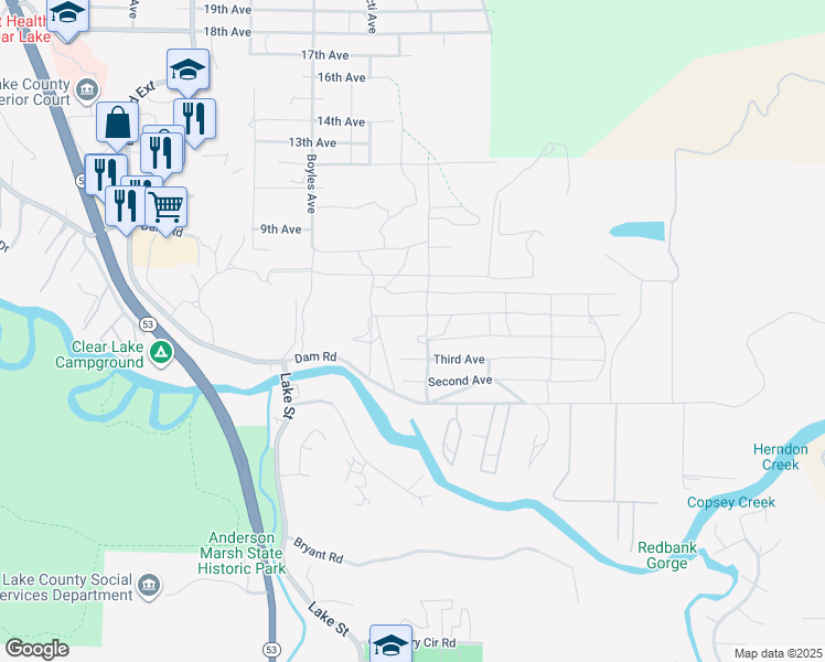 map of restaurants, bars, coffee shops, grocery stores, and more near 16344 4th Avenue in Clearlake