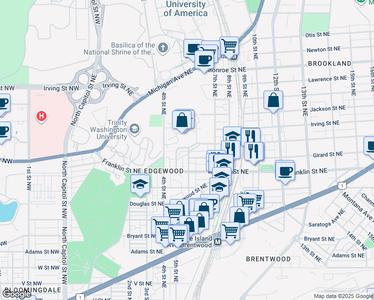 map of restaurants, bars, coffee shops, grocery stores, and more near 2875 Chancellor's Way Northeast in Washington