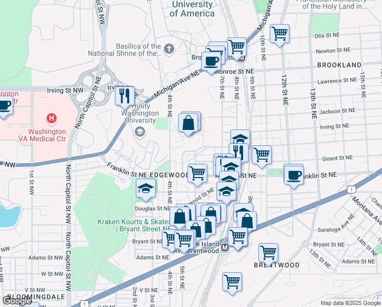 map of restaurants, bars, coffee shops, grocery stores, and more near 2867 Chancellor's Way Northeast in Washington