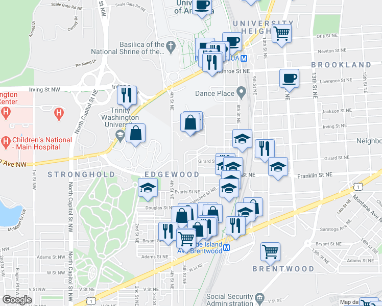 map of restaurants, bars, coffee shops, grocery stores, and more near 2863 Chancellor's Way Northeast in Washington