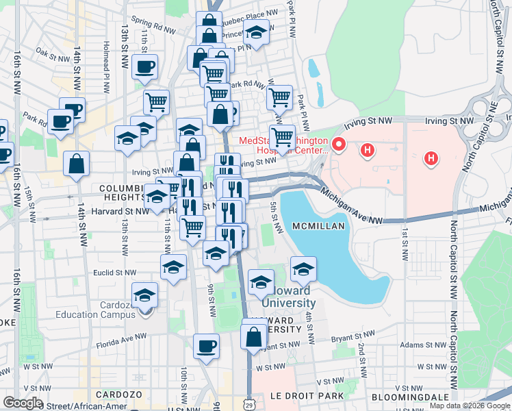 map of restaurants, bars, coffee shops, grocery stores, and more near 101 Independence Avenue Southeast in Washington