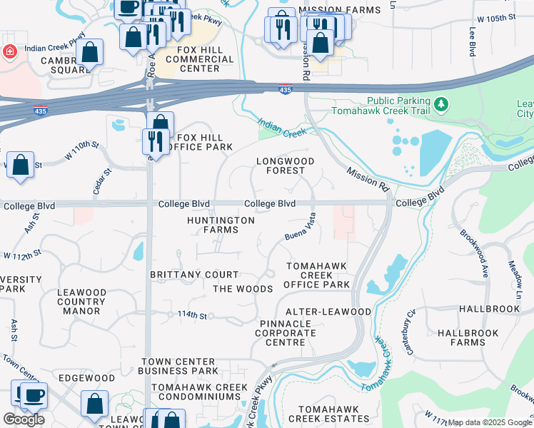 map of restaurants, bars, coffee shops, grocery stores, and more near 4156 West 111th Terrace in Leawood