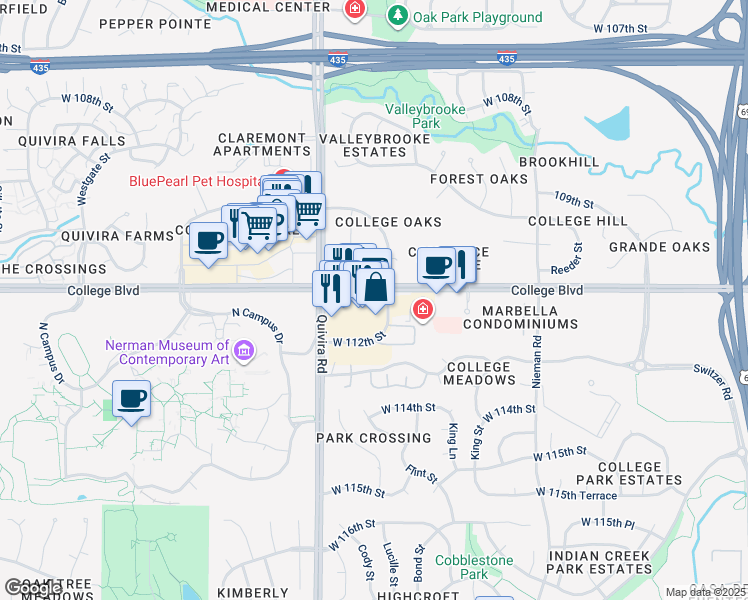 map of restaurants, bars, coffee shops, grocery stores, and more near 11701 College Boulevard in Overland Park