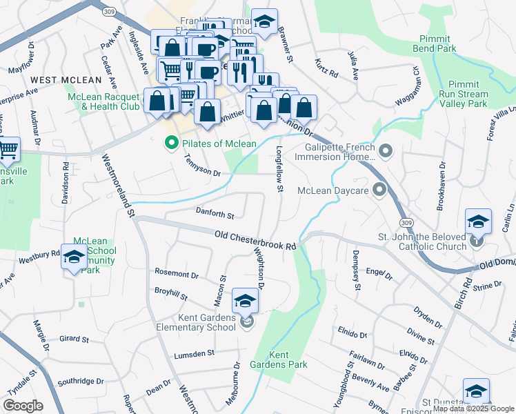 map of restaurants, bars, coffee shops, grocery stores, and more near 1532 Wrightson Drive in McLean
