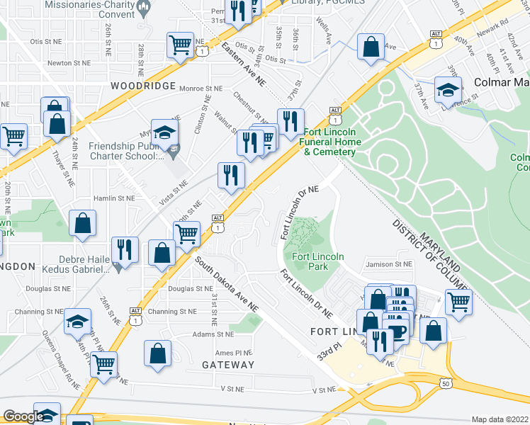 map of restaurants, bars, coffee shops, grocery stores, and more near 3324 Banneker Drive Northeast in Washington