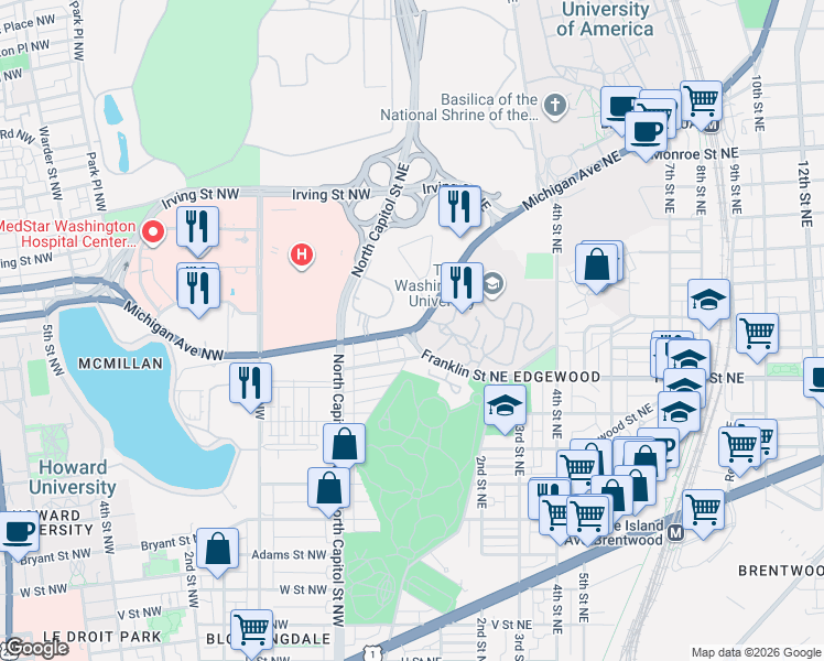 map of restaurants, bars, coffee shops, grocery stores, and more near Michigan Ave NE & Franklin St NE in Washington