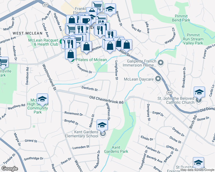 map of restaurants, bars, coffee shops, grocery stores, and more near 1532 Wrightson Drive in McLean