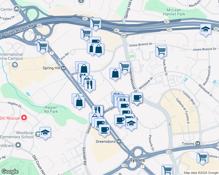 map of restaurants, bars, coffee shops, grocery stores, and more near 8353 Greensboro Drive in McLean