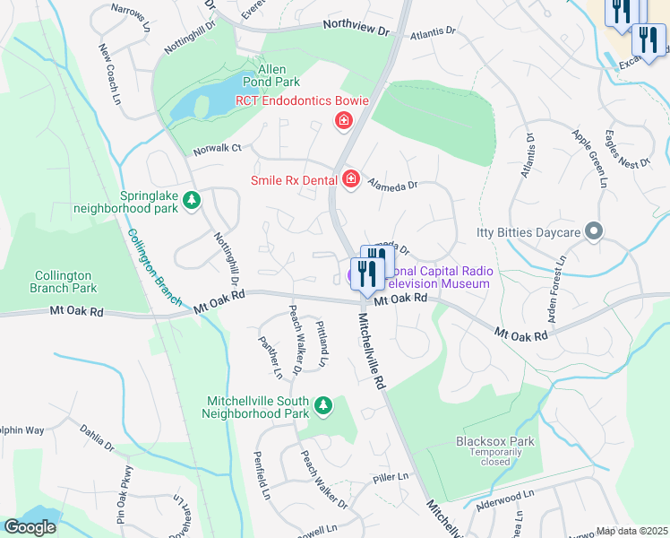 map of restaurants, bars, coffee shops, grocery stores, and more near 2632 Nemo Court in Bowie