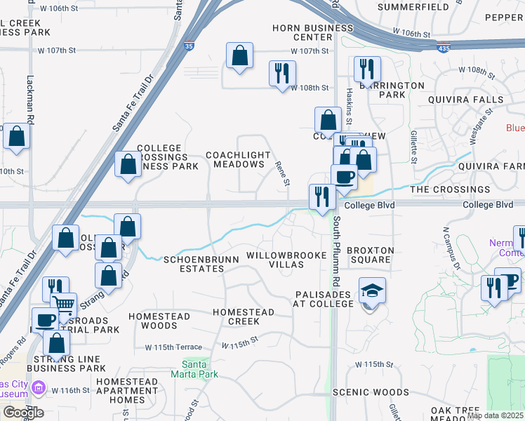 map of restaurants, bars, coffee shops, grocery stores, and more near 13873 College Boulevard in Lenexa