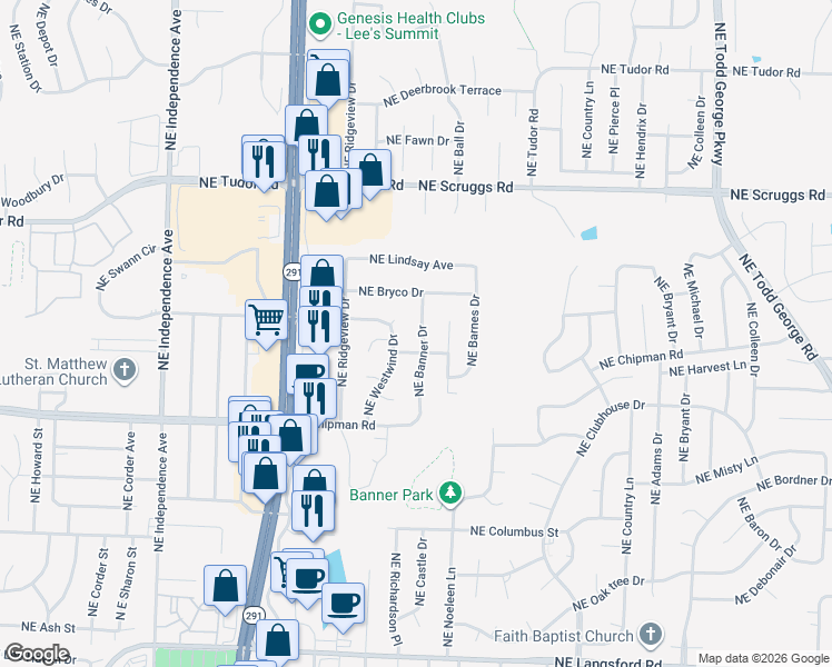 map of restaurants, bars, coffee shops, grocery stores, and more near 804 Northeast Banner Drive in Lee's Summit