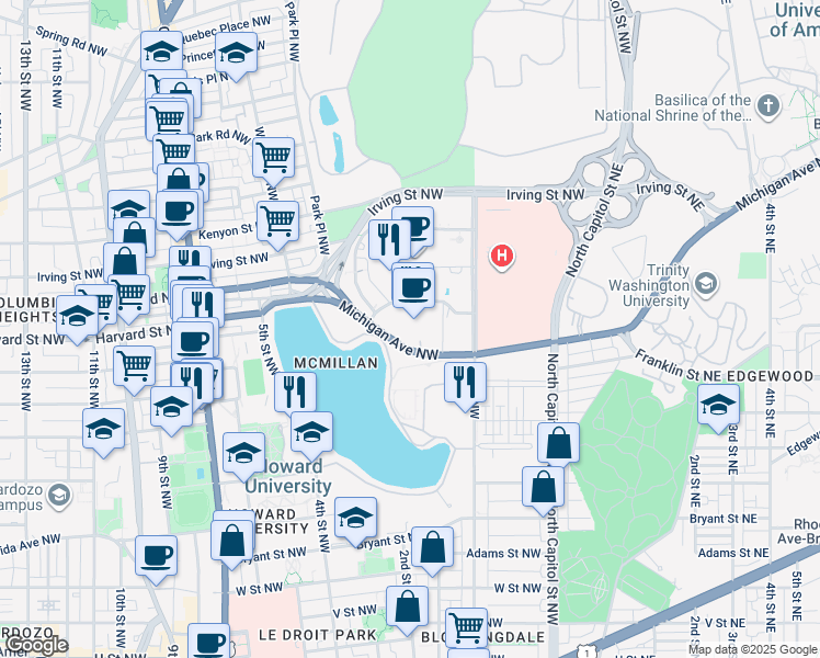 map of restaurants, bars, coffee shops, grocery stores, and more near 111 Michigan Avenue Northwest in Washington
