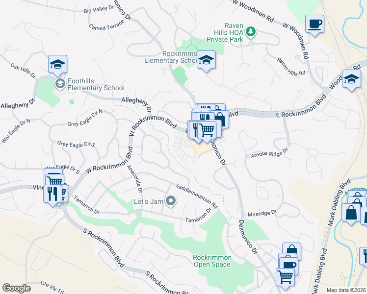 map of restaurants, bars, coffee shops, grocery stores, and more near 6617 Foxdale Circle in Colorado Springs
