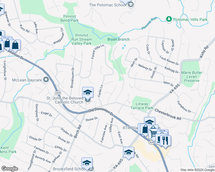 map of restaurants, bars, coffee shops, grocery stores, and more near 6353 Chowning Place in McLean