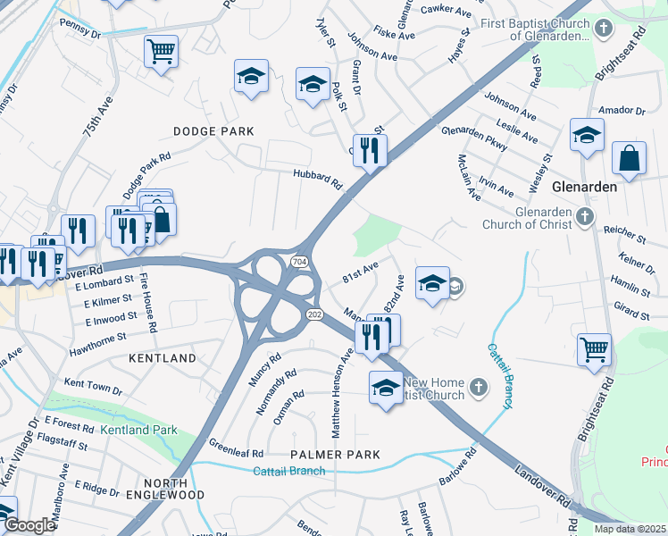 map of restaurants, bars, coffee shops, grocery stores, and more near 2708 Red Oak Lane in Glenarden