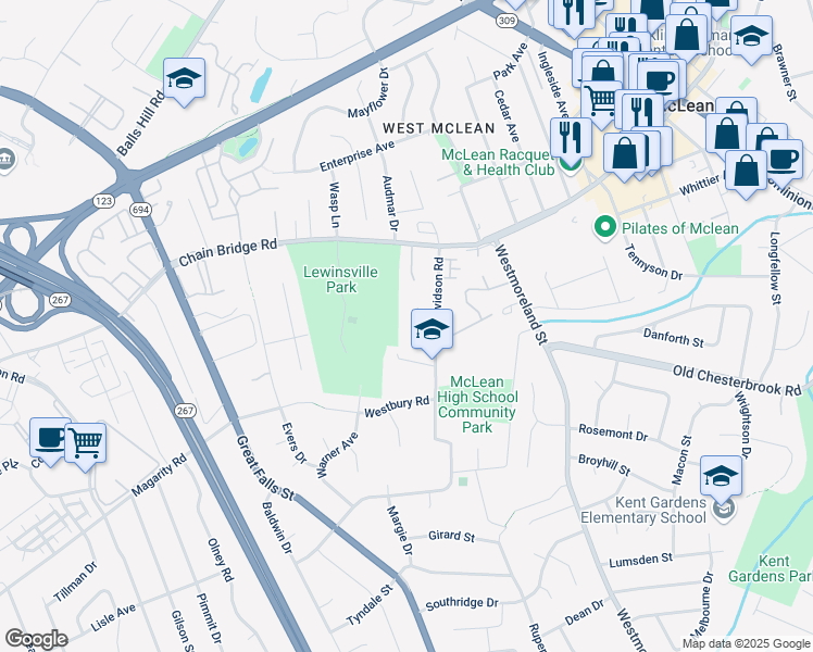 map of restaurants, bars, coffee shops, grocery stores, and more near 7006 Hamel Hill Court in McLean