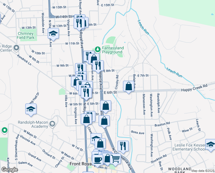 map of restaurants, bars, coffee shops, grocery stores, and more near 624 Kibler Street in Front Royal