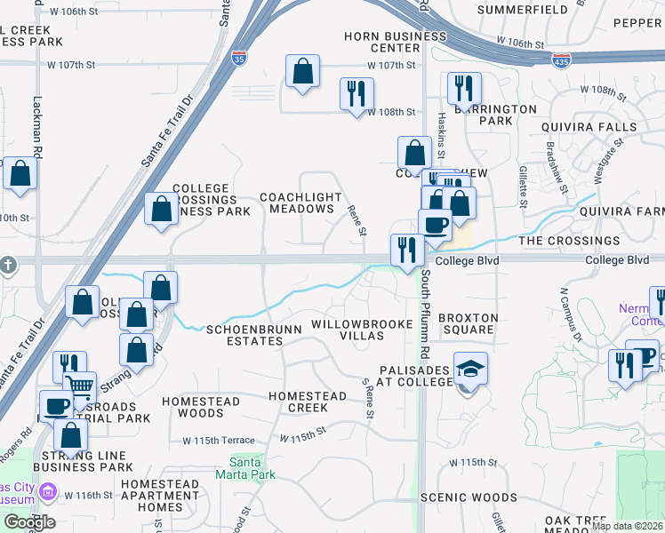 map of restaurants, bars, coffee shops, grocery stores, and more near 13825 College Boulevard in Shawnee Mission