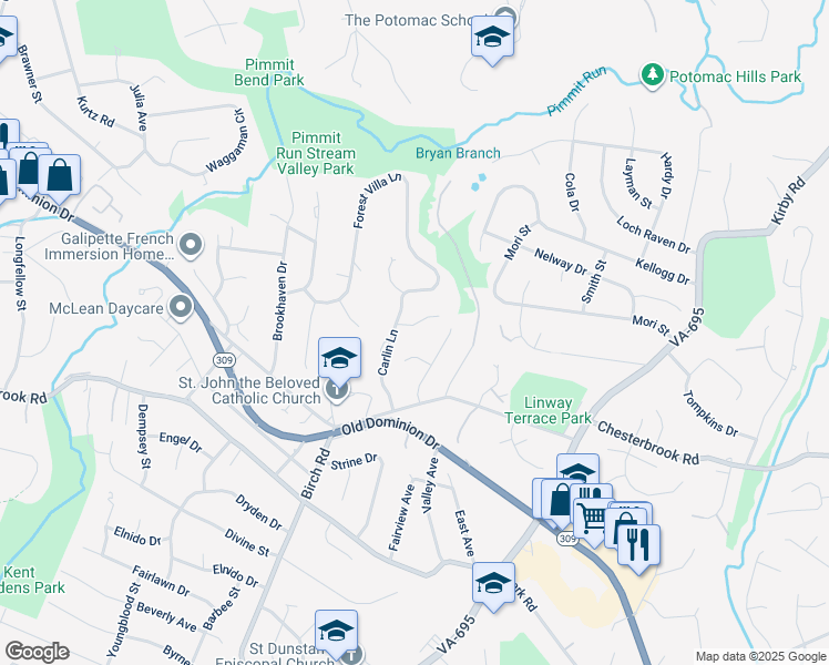 map of restaurants, bars, coffee shops, grocery stores, and more near 6353 Chowning Place in McLean