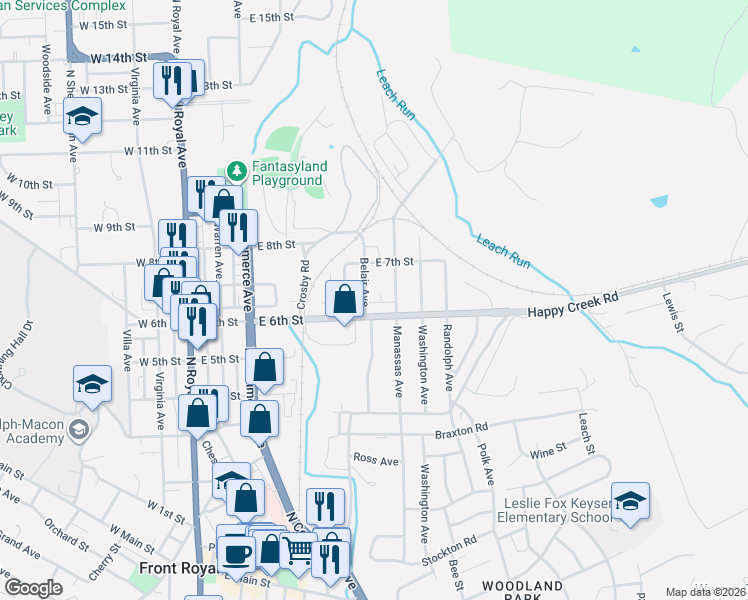 map of restaurants, bars, coffee shops, grocery stores, and more near 537 Belair Avenue in Front Royal