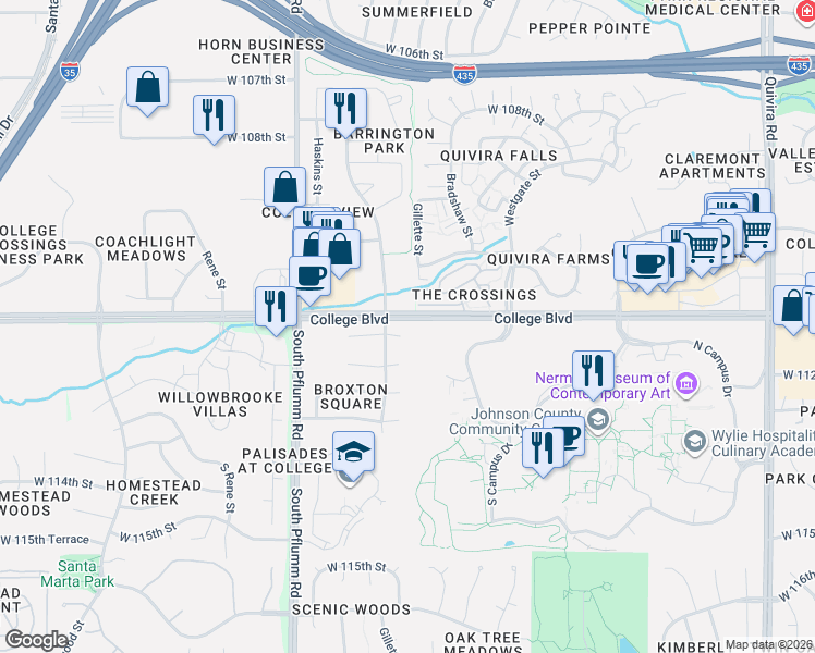 map of restaurants, bars, coffee shops, grocery stores, and more near 13297 West 111th Terrace in Overland Park
