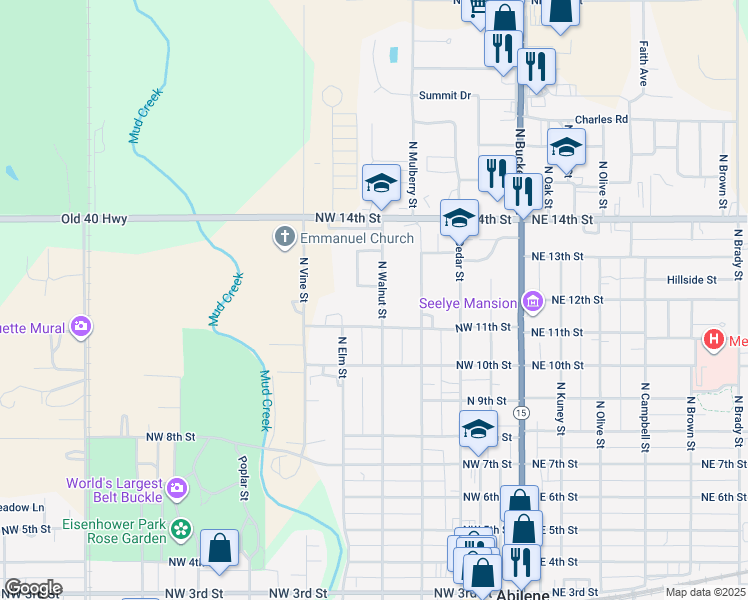 map of restaurants, bars, coffee shops, grocery stores, and more near 612 Northwest 11th Street in Abilene