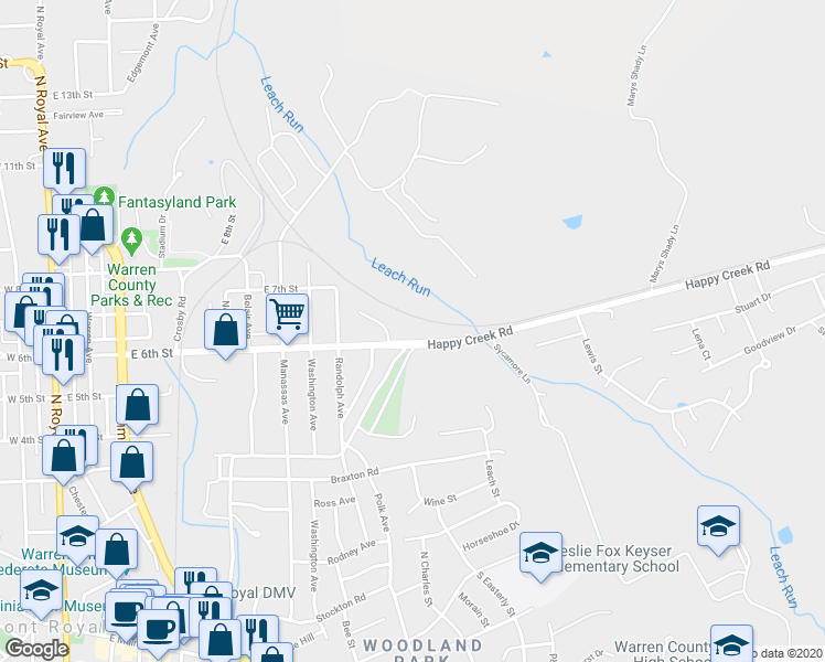 map of restaurants, bars, coffee shops, grocery stores, and more near 844 East 6th Street in Front Royal
