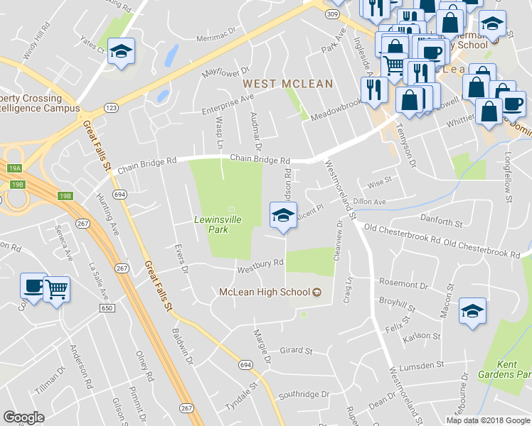 map of restaurants, bars, coffee shops, grocery stores, and more near 7006 Hamel Hill Court in McLean