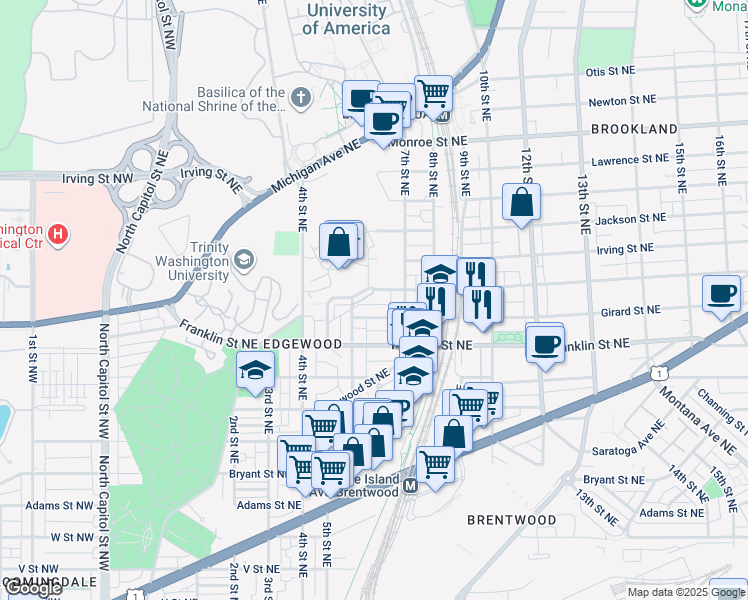 map of restaurants, bars, coffee shops, grocery stores, and more near 617 Hamlin Street Northeast in Washington