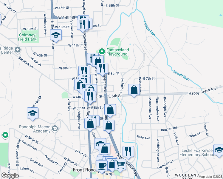 map of restaurants, bars, coffee shops, grocery stores, and more near 624 Kibler Street in Front Royal
