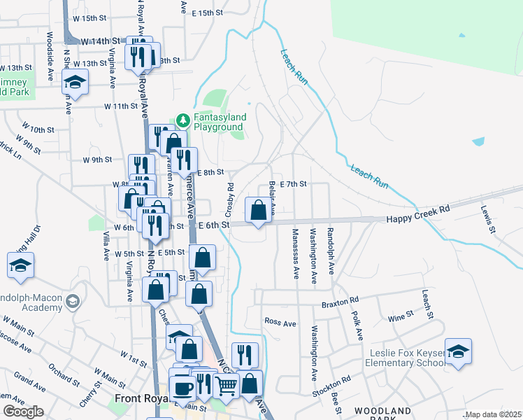map of restaurants, bars, coffee shops, grocery stores, and more near 615 New Avenue in Front Royal