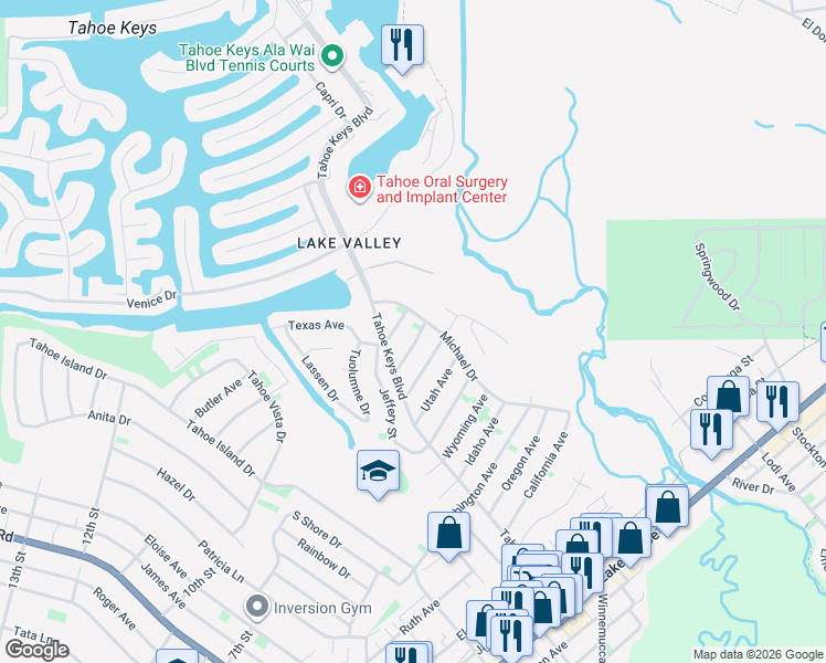 map of restaurants, bars, coffee shops, grocery stores, and more near 2297 Colorado Avenue in South Lake Tahoe