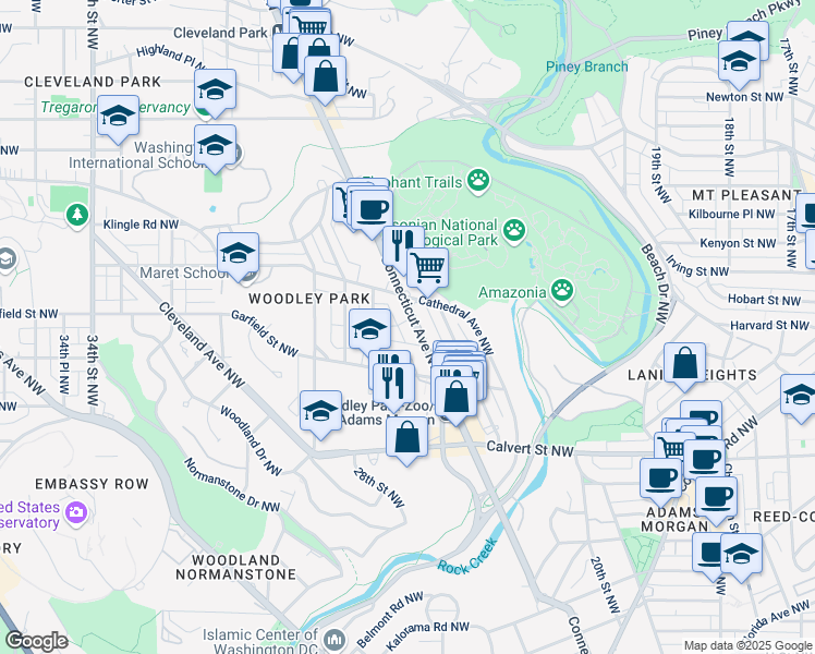 map of restaurants, bars, coffee shops, grocery stores, and more near 2818 Connecticut Avenue Northwest in Washington