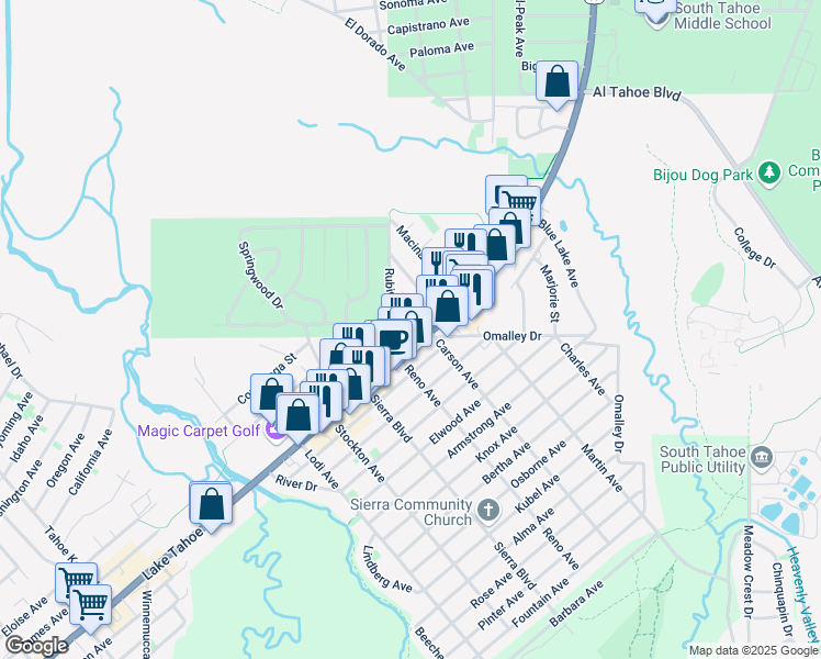 map of restaurants, bars, coffee shops, grocery stores, and more near 2591 Lake Tahoe Boulevard in South Lake Tahoe