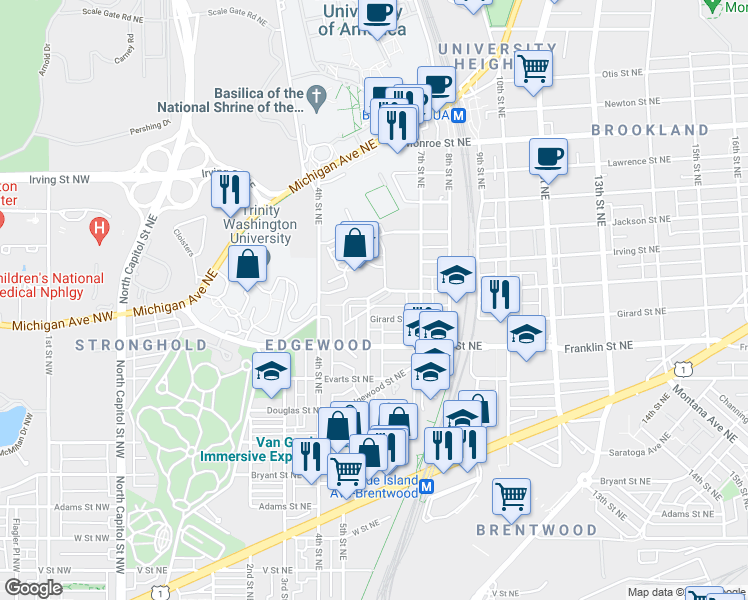 map of restaurants, bars, coffee shops, grocery stores, and more near 2905 Chancellor's Way Northeast in Washington