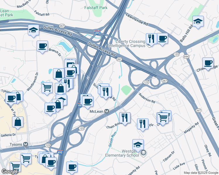 map of restaurants, bars, coffee shops, grocery stores, and more near 1601 Spring Gate Drive in McLean