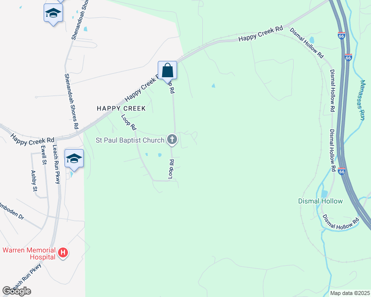 map of restaurants, bars, coffee shops, grocery stores, and more near 686 Loop Road in Front Royal