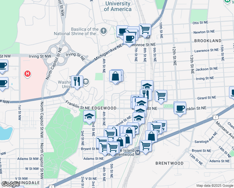map of restaurants, bars, coffee shops, grocery stores, and more near 2871 Chancellor's Way Northeast in Washington