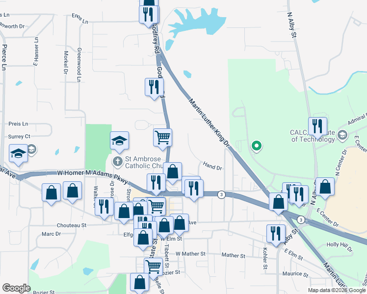 map of restaurants, bars, coffee shops, grocery stores, and more near 3007 Godfrey Road in Godfrey