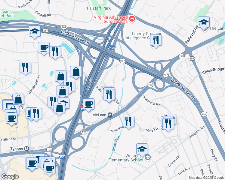map of restaurants, bars, coffee shops, grocery stores, and more near 1601 Spring Gate Drive in McLean