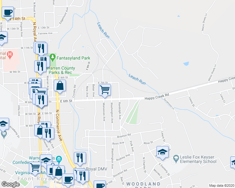 map of restaurants, bars, coffee shops, grocery stores, and more near 610 Randolph Avenue in Front Royal