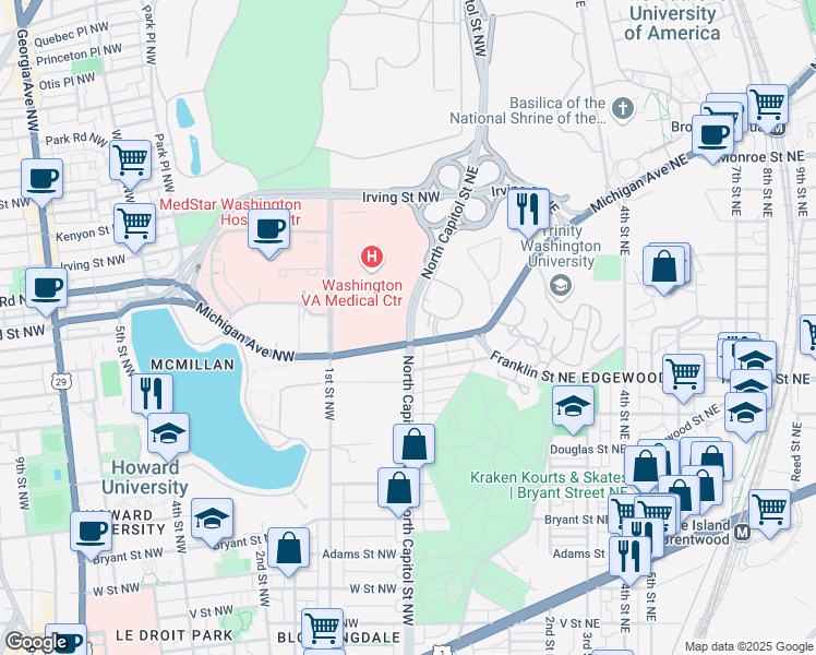 map of restaurants, bars, coffee shops, grocery stores, and more near North Capitol Street Northwest in Washington
